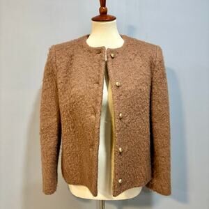 Brown Bouclé Jacket Gold Button Collarless Blazer Wool Blend Cozy Chic, Size 10